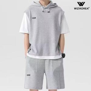 [위즈아이]남성 여름 남성 와플 반팔 레이어드 후드 트레이닝세트 WI109SET