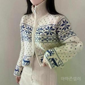 [기타]눈꽃 스웨터 노르딕 집업 가디건 여성 겨울 터틀넥 빈티지 패턴 여