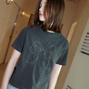 Ribbon Denim Pigment Crop TEE smokeblack