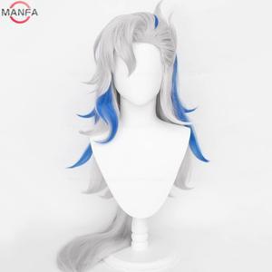Fontaine Neuvillette 코스프레 애니메이션 가발 길이 95cm 실버 회색 파란색 내열성 합성 헤어 + 모자