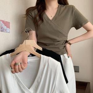 44-77사이즈 여자 무지 티셔츠 브이넥 셔링 면 모달 기본 반팔티 이너셔츠