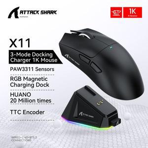 Attack Shark X11 무선 블루투스 마우스, PAW3311 3가지 모드 2.4G 400IPS RGB PC 게이밍 마우스