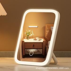 LED 스마트 데스크탑 필 라이트 작은 거울 스탠드 메이크업 거울 학생 기숙사 소녀 침실 드레싱 테이블 HD