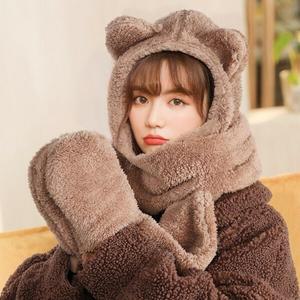 [하프클럽/옷자락]여자 폭닥 겨울 곰돌이 일체형 후드모자 장갑 목도리