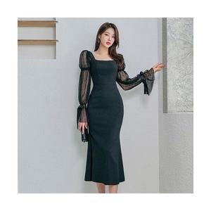여성원피스 프렌치 리본 봄가을 스퀘어넥 퍼프 소매 슬림 머메이드 원피스 OOTD1