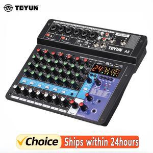 녹음기 TEYUN 8 채널 오디오 믹서 휴대용 DJ 사운드 테이블 보드 디지털 MP3 컴퓨터 입력 48V 전원 번호 A6 A8