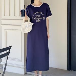 레터링 반팔 롱 원피스 옆트임 라운드넥 H라인 여성 빅사이즈
