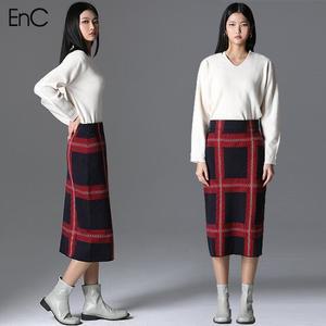 [EnC] 자카드 체크 밴딩 롱 니트 스커트