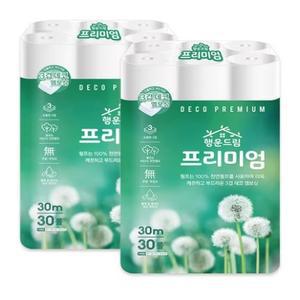 100% 천연펄프 행운드림 프리미엄 3겹 30m 2팩 화장지 휴지 비데겸용 두루마리