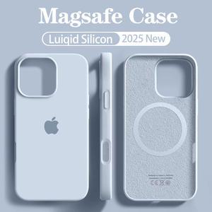 iPhone 16 15 13 12 14 Pro Max 무선 충전 로고 커버 용 기존 Magsafe 자기 액체 실리콘 소프트 케이스