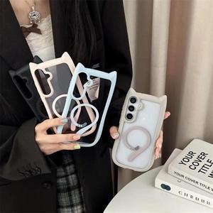 삼성 갤럭시 S25ultra S25 S24 S23 Plus S24Plus 투명 마그네틱 커버 무선 충전 쉘용 귀여운 고양이 귀 Mag