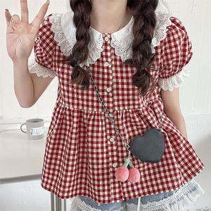 여름 인형칼라 레이스 퍼프소매 셔츠 데일리 블라우스 반팔 루즈핏