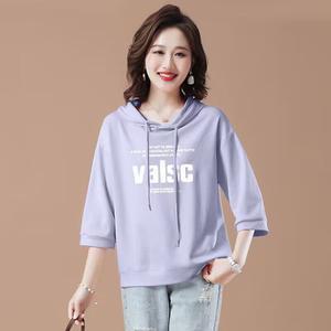 프린트 후드 티셔츠 라벤더 캐주얼 루즈핏 5부 소매 맘룩 마실룩 휘뚜루마뚜루