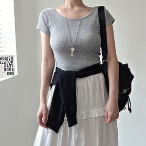 1+1 블리 캡소매 유넥 슬림핏 골지 크롭 반팔티