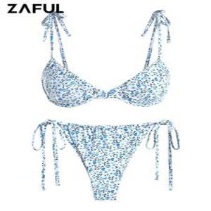 ZAFUL 여성용 푸시업 수영복, 언더와이어 비키니 탑, 사이드 하의, 타이숄더 디티, 꽃무늬 밑단, 탱가 비키니 수영복