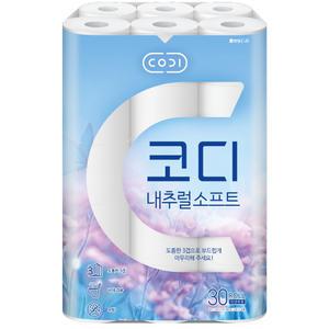 코디 내추럴 소프트 3겹 27m 30롤,휴지 화장지 두루마리 롤