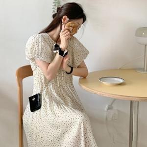 여성 데일리룩 실크 소매볼륨 도트패턴 원피스 2컬러