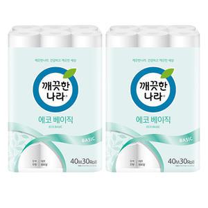 깨끗한나라 에코 베이직 엠보싱 40m 30롤x2팩 총60롤 화장지