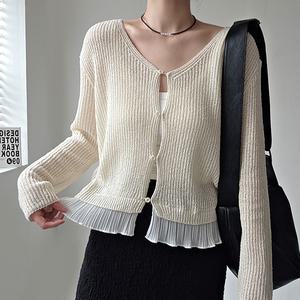 밑단 플리츠 레이스 프릴 브이넥 가디건