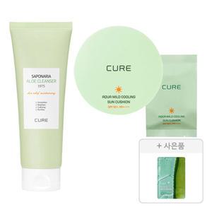 김정문알로에 큐어 아쿠아 마일드 쿨링 선쿠션+리필 세트, 1개 + 알로에 클렌져 150g, 1개 + 증정( 큐어 알로에 슬라이스 젤리 마스크, 1매)