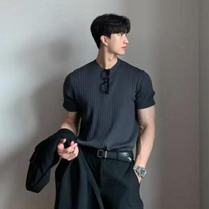 꽈배기 케이블 니트 스웨트 남자 남성 얇은 아이스 실크 탑 라운드 넥 슬림핏 티셔츠 트렌디 반팔 니트웨어