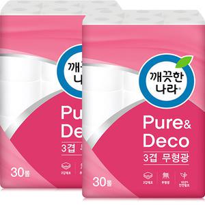 깨끗한나라 퓨어 앤 데코 3겹 화장지 30m 30롤 2팩 (60롤)