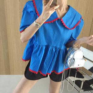블루스 배색 펀칭레이스 세일러 빅카라 퍼프 A라인 여름 블루 코튼 블라우스