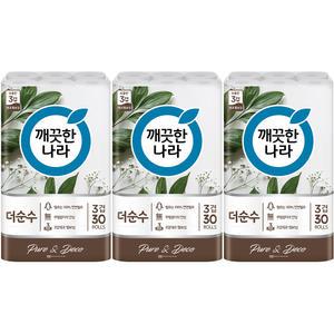 깨끗한나라 3겹데코 더순수 화장지 25mx30롤x3개/ 무형광/ 천연펄프/ 두루마리