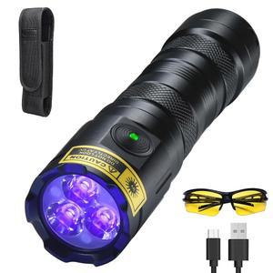 다크던 고출력 UV 395NM 손전등 USB 충전식, 3개의 LED 자외선 휴대용, 20W 미니 블랙 라이트 우드 램프, 수지 경화, 반점 전갈, 애완견 소변 감지기