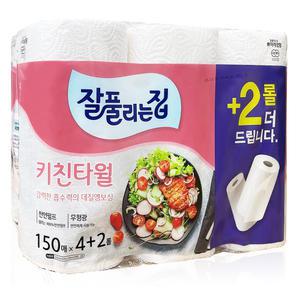 잘풀리는집 키친타월 150매 6롤 2팩 , 무형광 키친타올