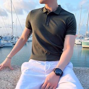 여름 니트 아이스 실크 폴로 셔츠 남성용 편안한 솔리드 컬러 립 반팔 다목적 트렌디
