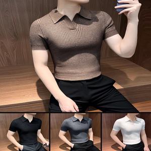 반팔 티셔츠 카라 v 브이 넥 폴로셔츠 남성 2025년 여름 멋스러운 고급 바텀 셔츠 니트
