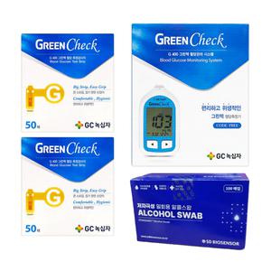GC녹십자 GREEN Check 큰 스트립 집기 편한 손잡이 편리하고 위생적인 그린첵 혈당시험지 50매 X 2개 + 그린첵 혈당측정기 + SD알콜스왑100매입