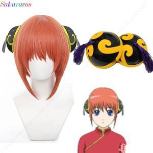 Gintama 코스프레 카구라 가발 짧은 오렌지 내열성 합성 머리 장식 헤어 클립 소품 +  모자
