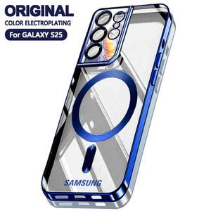 갤럭시 S23 Fe S24 Plus S25 Ultra Apple Magsafe 실리콘 케이스 보호 유리 용 자기 도금 커버 클리어 케이스