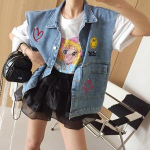 수퍼볼 카라 스마일 패치 프린팅 진주알 루즈핏 데님 청조끼 베스트