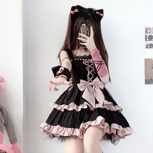 양산형 지뢰계 옷 로리타 드레스 민소매 고양이 귀 왕리본 원피스