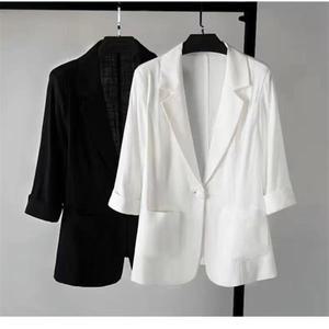 여름 얇은 린넨 면마 7부 정장자켓 화이트/블랙 TS580