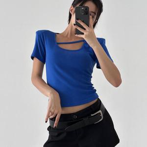 여자 파랑 슬림 어깨패드 탱크 파워숄더 스트랩 티셔츠