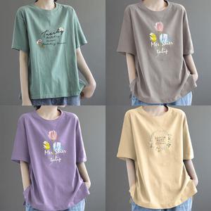 여성 데일리 플라워 레터링 반팔티 루즈티 중년 여름 티셔츠 빅사이즈 엄마 기본 여자