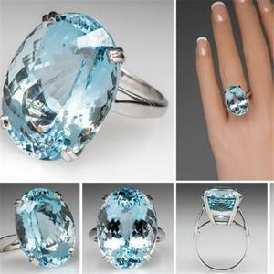 S925 실버  약혼 계란 다이아몬드 반지 바다 블루 토파즈 드 보석 Bizuteria 여성 Bague Etoile 쥬얼리