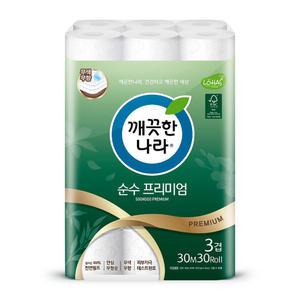 깨) 3겹 데코 순수 프리미엄 화장지 30m 30롤 1팩