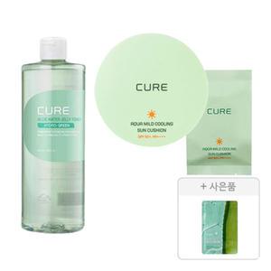 김정문알로에 큐어 아쿠아 마일드 쿨링 선쿠션+리필 세트, 1개 + 워터 젤리 토너 500ml, 1개 + 증정(큐어 알로에 슬라이스 젤리 마스크, 1매)