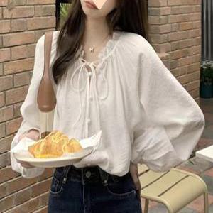 스노우 프릴넥 러플 리본 매듭 콩단추 블라우스 봄 가을 코튼 루즈핏 버튼 TS800