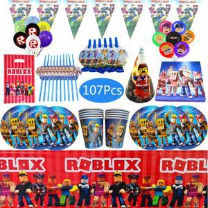 Roblox 파티 용품 풍선 종이 컵 접시 일회용 식기 세트 어린이 생일 장식 게임