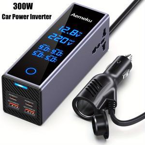 Aemeku 300W 차량용 인버터 DC12V/24V ~ 220V AC(터치 스크린 PD 고속 충전 범용 소켓 및 USB 포트 포함)