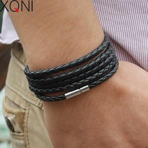 XQNI 브랜드 블랙 레트로 랩 긴 가죽 팔찌 남자 bangles 패션 sproty 체인 링크 매력 5 바퀴