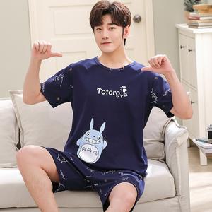 커플잠옷 여름잠옷 홈웨어세트 O-넥 풀 코튼 반팔 잠옷 세트 빅 사이즈 M-4XL 레저 수트 남성 여름