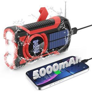 IPX5 방수 비상 라디오  블루투스 AM/FM/BT/SOS NOAA 날씨 라디오  5000mAh 핸드 크랭크 태양열 휴대폰 충
