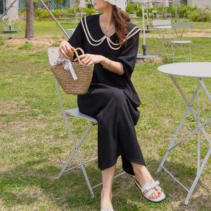 라인 배색 이중 카라 반팔 롱 원피스 무지 H라인 여성 빅사이즈
